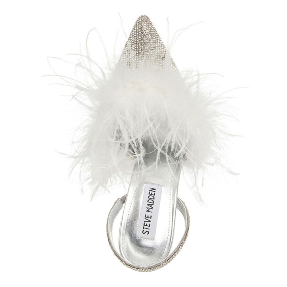 STEVE MADDEN Womens Silver Feather Trim Alexis Stiletto Slip On Slingback 6.5 M - Picture 3 of 4